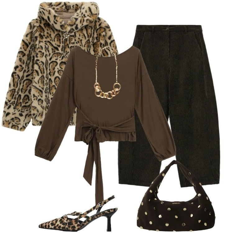 Outfit donna - Total look #2330894. Stile Urban per Serata fuori. Abbinamento con borse a spalla, ecopellicce, pantaloni a palazzo, top, décolleté, collane.