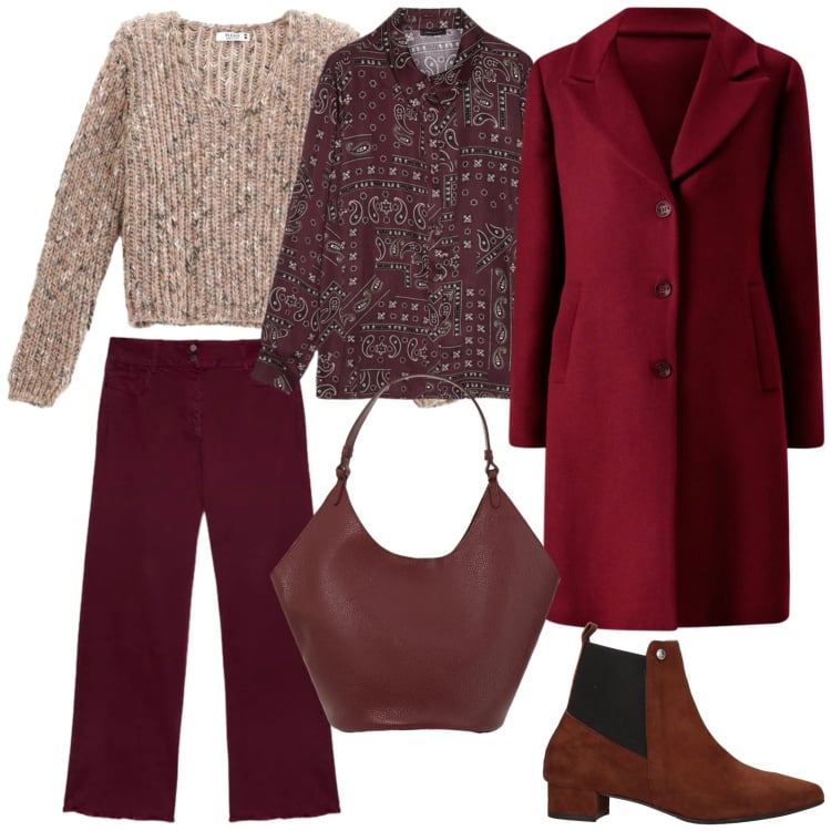 Outfit donna - Total look #2330897. Stile Casual chic per Ufficio. Abbinamento con stivaletti chelsea, borse a spalla, cappotti, maglieria, bluse, jeans dritti.