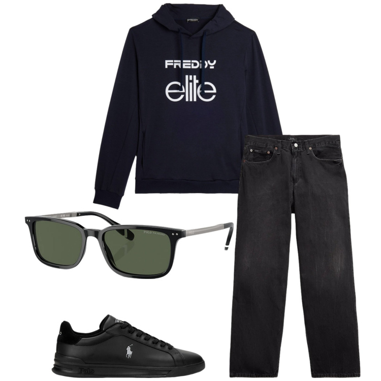 Outfit uomo - Total look #2330898. Stile Urban per Tutti i giorni. Abbinamento con felpe con cappuccio, occhiali da sole, sneakers, jeans.