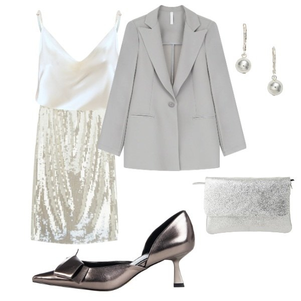 Outfit donna - luccichio. Stile Chic per Serata fuori. Abbinamento con blazer, borse a spalla, gonne longuette, décolleté, canottiere, orecchini.