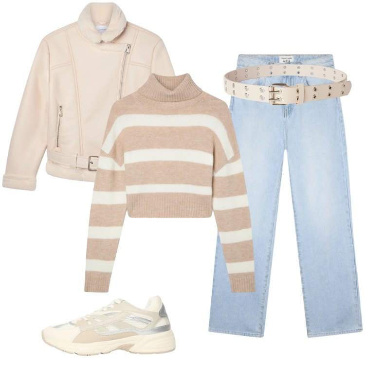 Outfit donna - Total look #2330923. Stile Basic per Tutti i giorni. Abbinamento con cinture, bomber, jeans dritti, maglieria, sneakers.