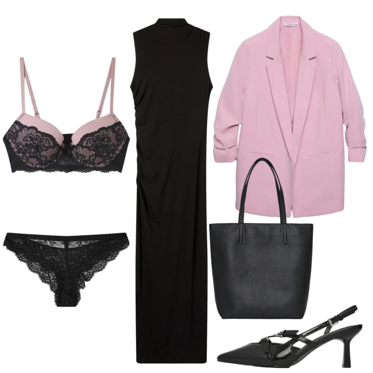 Outfit donna - San valentino 2026. Stile Romantica per Serata fuori. Abbinamento con reggiseni push-up, borse tote, perizomi, vestiti lunghi, décolleté, blazer.