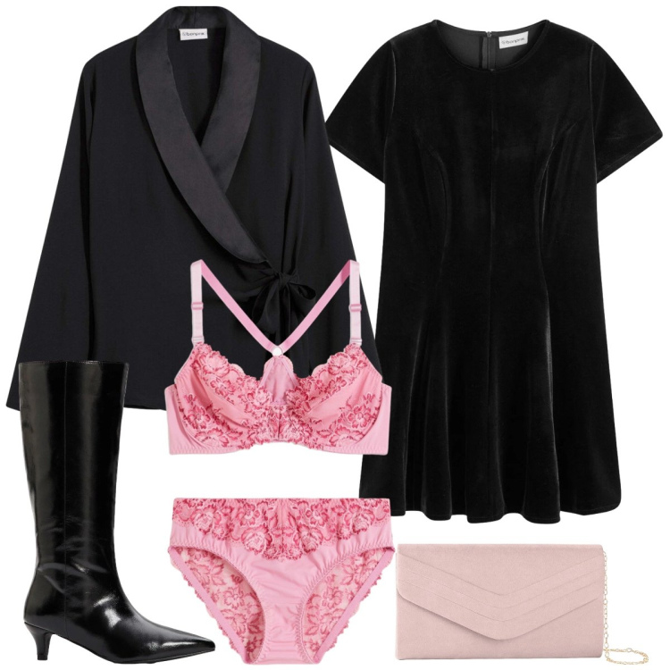 Outfit donna - Total look #2330926. Stile Chic per Serata fuori. Abbinamento con pochette, culotte, blazer, stivali, vestiti corti, reggiseni.