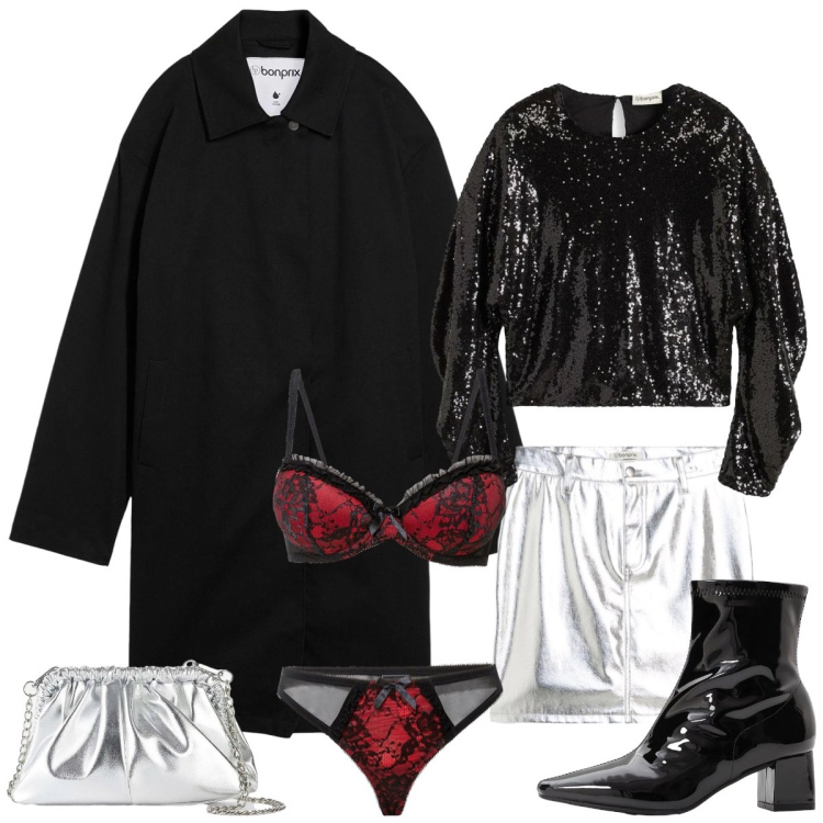 Outfit donna - Total look #2330928. Stile Glamour per Serata fuori. Abbinamento con minigonne, trench, stivaletti, bluse, borse a tracolla, reggiseni.