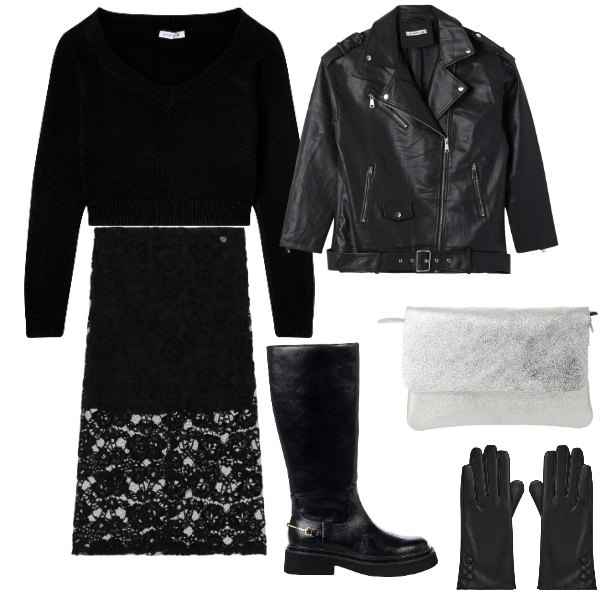 Outfit donna - strong. Stile Rock per Serata fuori. Abbinamento con maglieria, guanti, giacche, gonne longuette, stivali sopra il ginocchio, borse a spalla.