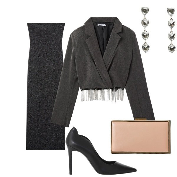 Outfit donna - amore nell\'aria. Stile Sexy per Serata fuori. Abbinamento con orecchini, blazer, vestiti lunghi, pochette, décolleté.