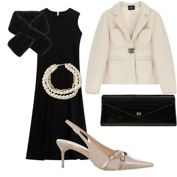 Outfit donna - san valentino. Stile Chic per Serata fuori. Abbinamento con vestiti midi/longuette, collane, blazer, sciarpe, décolleté, pochette.