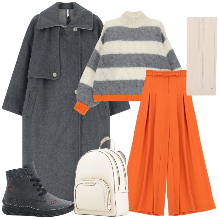 Outfit donna - Total look #2330952. Stile Casual chic per Tutti i giorni. Abbinamento con stivaletti, zaini, pantaloni a palazzo, cappotti, maglieria, sciarpe.