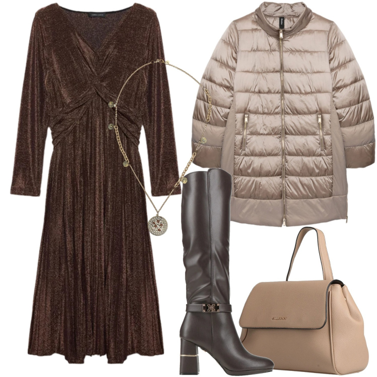 Outfit donna - Tessuti morbidi che valorizzano - curvy. Stile Chic per Serata fuori. Abbinamento con zaini, stivali, ciondoli, piumini, vestiti lunghi.