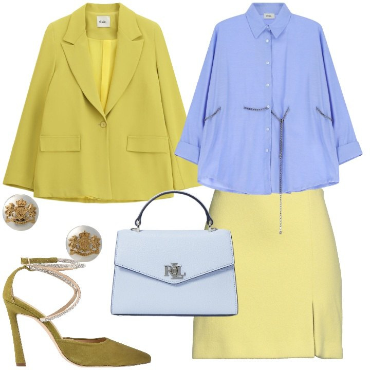 Outfit donna - Verso la primavera. Stile Bon Ton per Ufficio. Abbinamento con décolleté, minigonne, blazer, camicie, orecchini, borse a mano.