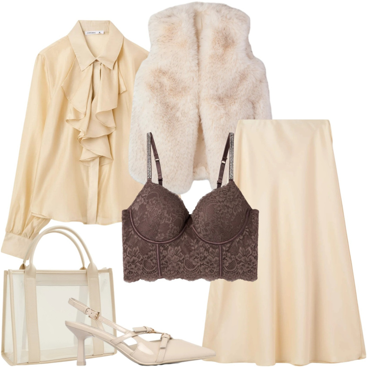 Outfit donna - San Valentino con toni neutri. Stile Romantica per Serata fuori. Abbinamento con camicie, borse tote, gonne lunghe, bralette, piumini, décolleté.