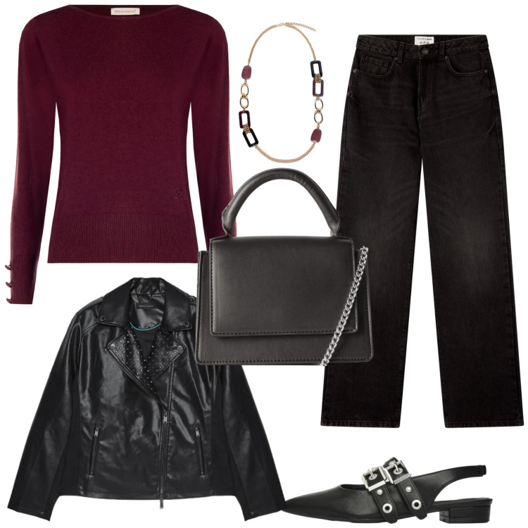 Outfit donna - Cena romantica. Stile Chic per Serata fuori. Abbinamento con borse a tracolla, jeans dritti, ballerine, pullovers, giacche, collane.