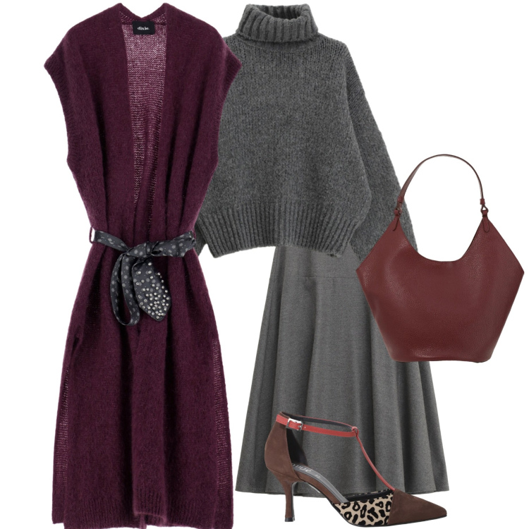 Outfit donna - Un outfit per San Valentino. Stile Casual chic per Serata fuori. Abbinamento con gonne lunghe, maglieria, décolleté, gilet, borse a spalla.