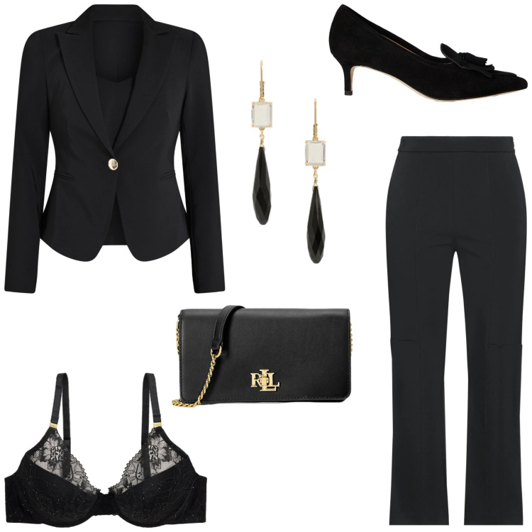 Outfit donna - Eleganza senza tempo. Stile Chic per Serata fuori. Abbinamento con pantaloni, blazer, décolleté, orecchini, borse a mano, reggiseni.