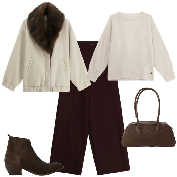 Outfit donna - Ufficio tempo libero. Stile Casual chic per Tutti i giorni. Abbinamento con cappotti, borse a mano, stivaletti, maglieria, pantaloni a palazzo.