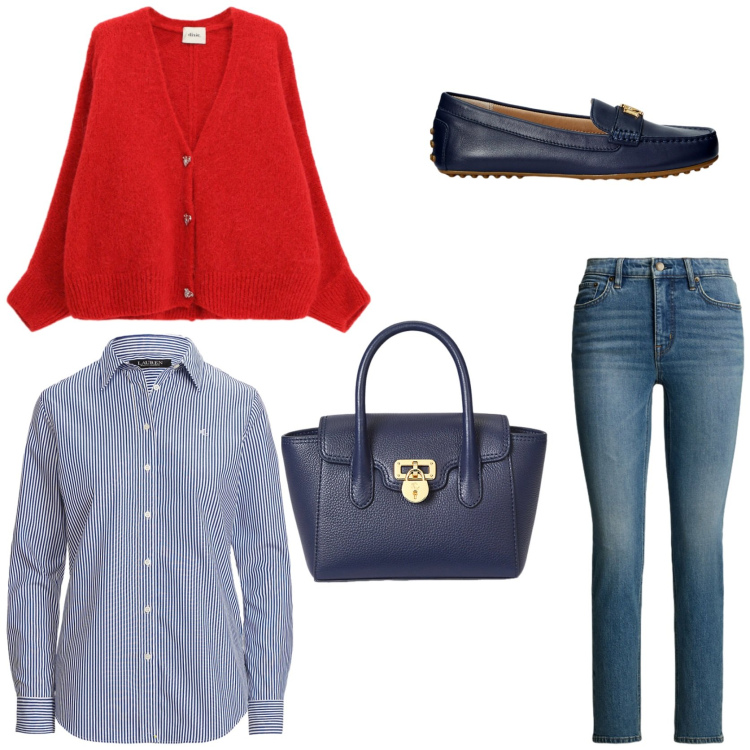 Outfit donna - Un inverno in rosso. Stile Glamour per Tutti i giorni. Abbinamento con cardigans, mocassini, jeans dritti, camicie, borse a mano.