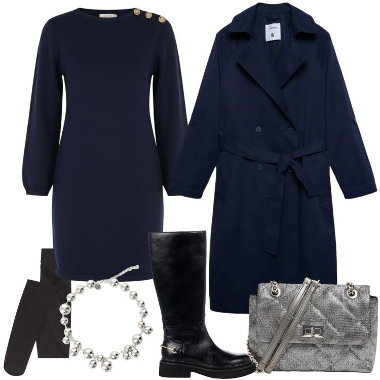 Outfit donna - Tessuti morbidi che valorizzano - curvy. Stile Chic per Ufficio. Abbinamento con collant, collane, trench, borse a tracolla, stivali sopra il ginocchio, vestiti a tubino.