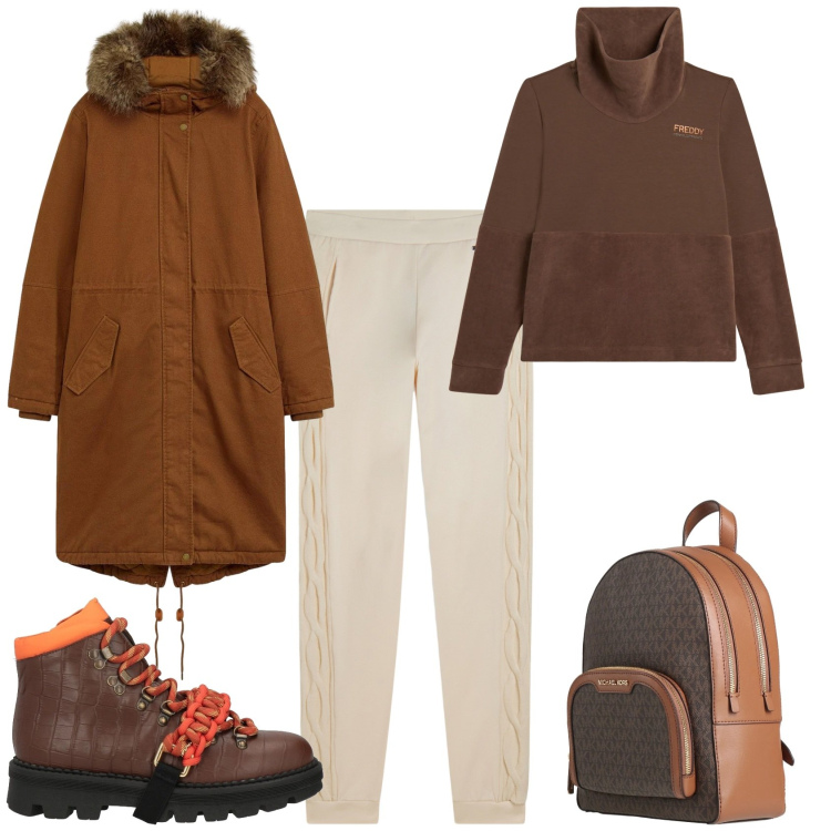 Outfit donna - Week end in montagna. Stile Sporty chic per Tutti i giorni. Abbinamento con parka, zaini, stivaletti, felpe, pantaloni.