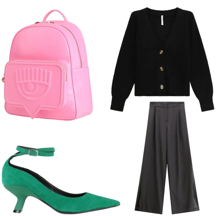 Outfit donna - Colore negli accessori. Stile Casual chic per Ufficio. Abbinamento con décolleté, zaini, pantaloni, cardigans.