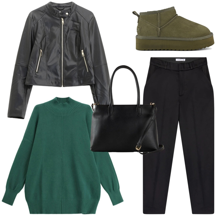 Outfit donna - Un tocco di verde. Stile Casual chic per Tutti i giorni. Abbinamento con borse a mano, pantaloni chino, giacche, maglieria, stivaletti.