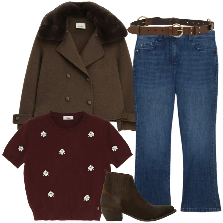 Outfit donna - Praticità e fascino. Stile Sporty chic per Tutti i giorni. Abbinamento con maglieria, stivaletti, cinture, blazer, jeans dritti.