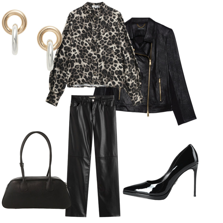 Outfit donna - San Valentino Rock-Chic. Stile Rock per Serata fuori. Abbinamento con pantaloni, décolleté, borse a mano, camicie, orecchini, blazer.