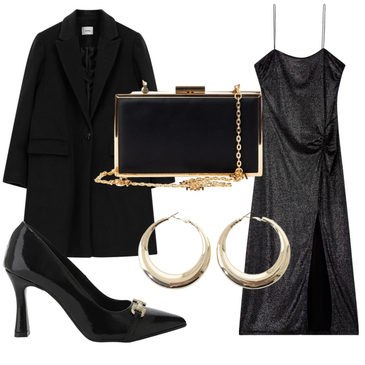 Outfit donna - Gold in the night. Stile Bon Ton per Serata fuori. Abbinamento con vestiti lunghi, décolleté, pochette, orecchini, cappotti.