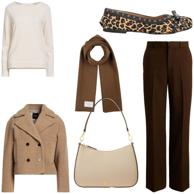 Outfit donna - Le ballerine glam. Stile Glamour per Tutti i giorni. Abbinamento con ballerine, sciarpe, caban, pullovers, borse a spalla, pantaloni.