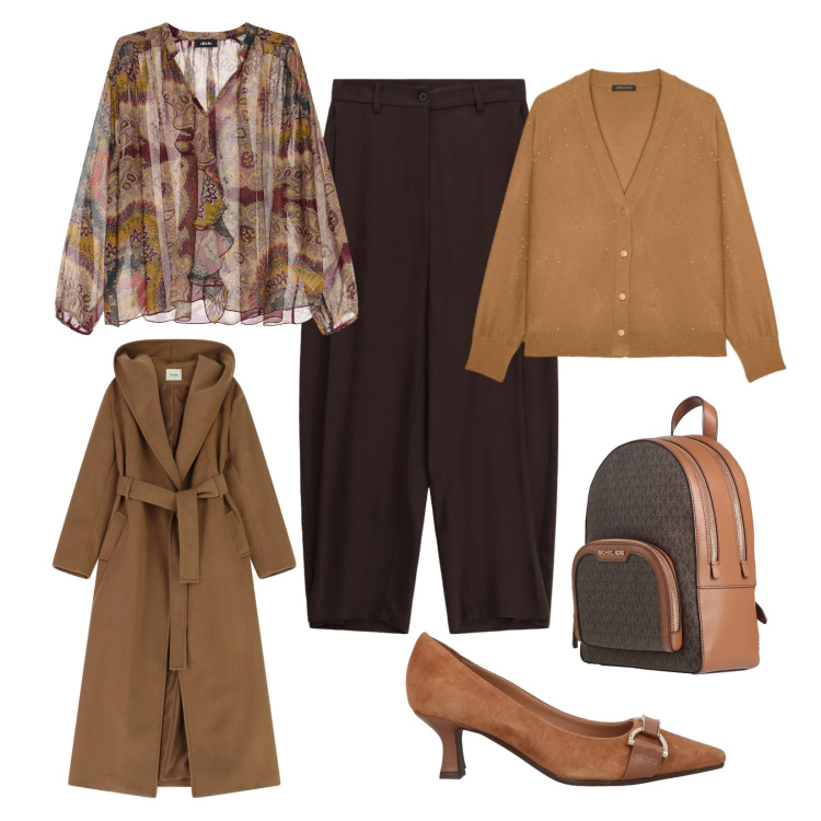 Outfit donna - Volumi morbidi. Stile Casual chic per Ufficio. Abbinamento con zaini, décolleté, pantaloni a palazzo, cappotti, camicie, cardigans.