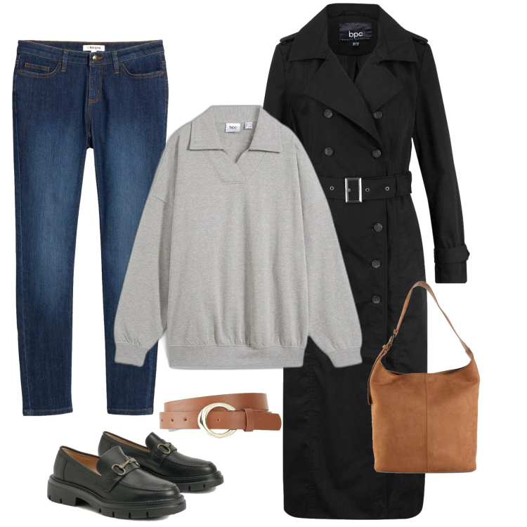 Outfit femme - Long Trench noir. Style Casual chic pour Tous les jours. Assortir avec imperméable, robes, jean skinny, sacs seau, ceintures, mocassins.