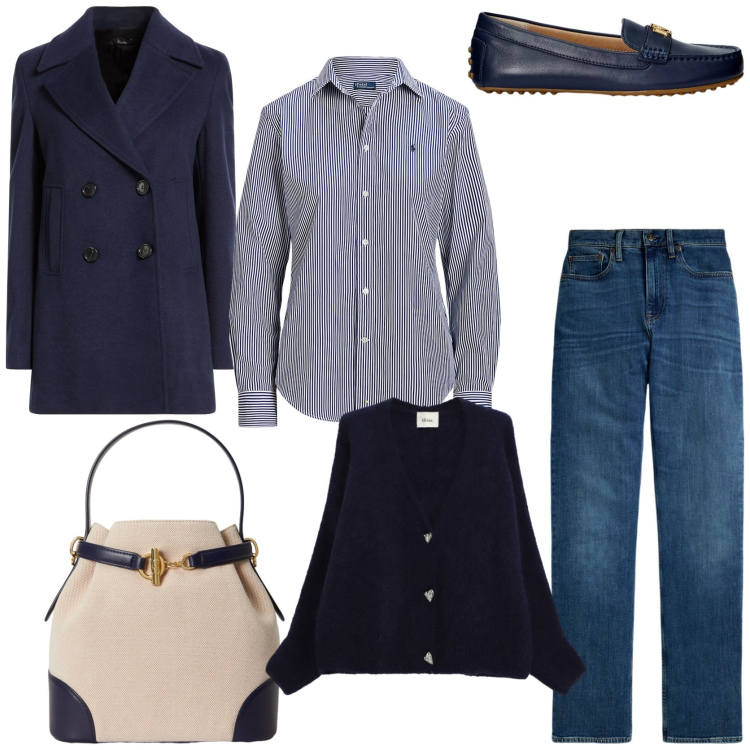 Outfit donna - Dettagli mariniere. Stile Chic per Tutti i giorni. Abbinamento con cappotti, cardigans, camicie, jeans dritti, mocassini, borse a secchiello.
