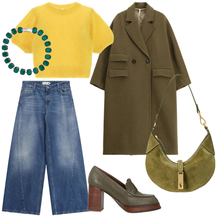 Outfit donna - Giallo e verde. per Tutti i giorni. Abbinamento con mocassini, cappotti, t-shirt, jeans, borse a spalla, braccialetti.