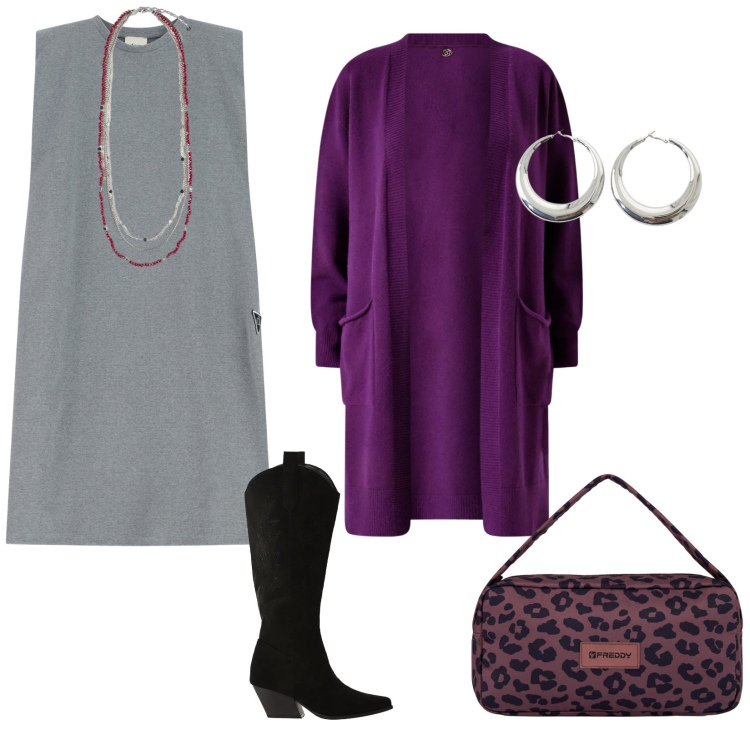 Outfit donna - In ufficio così. per Ufficio. Abbinamento con stivali, vestiti midi/longuette, orecchini, cardigans, borse a spalla, collane.