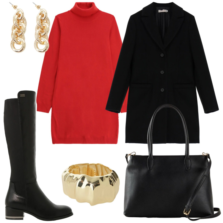 Outfit donna - Un po\' di colore. Stile Casual chic per Tutti i giorni. Abbinamento con borse a mano, stivali sopra il ginocchio, braccialetti, vestiti corti, orecchini, cappotti.