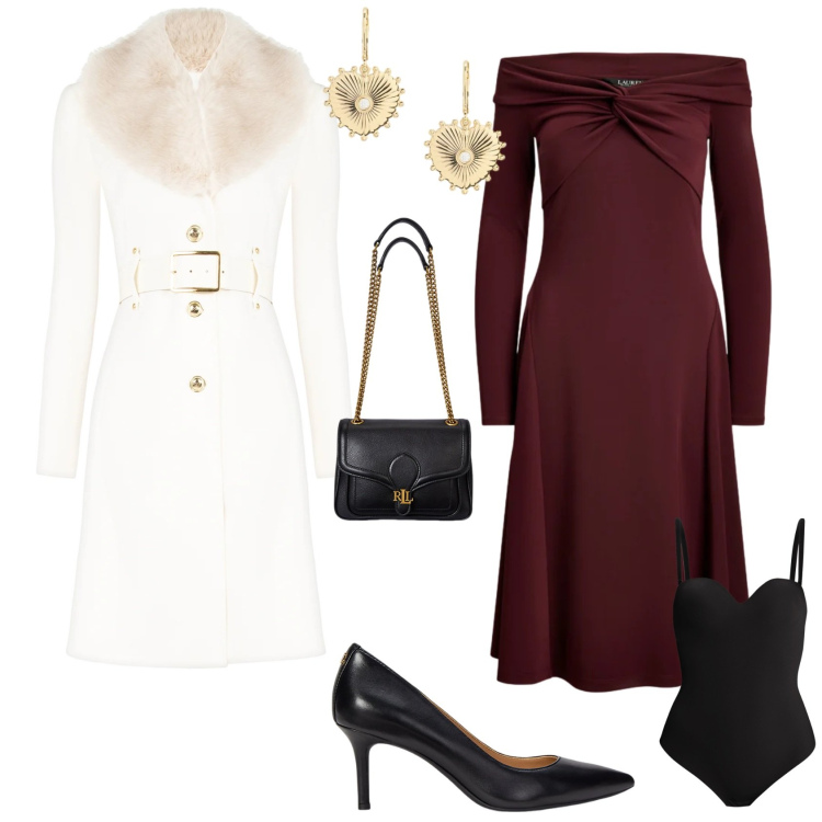 Outfit donna - Bin ton serata evento speciale. Stile Bon Ton per Serata fuori. Abbinamento con body, cappotti, vestiti, orecchini, borse a spalla, décolleté.