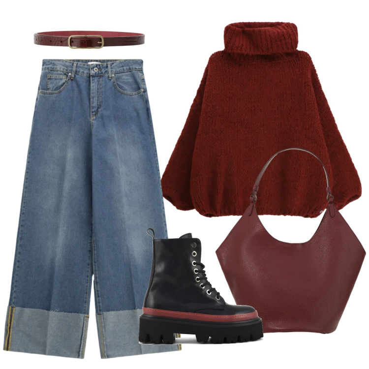 Outfit donna - Borgogna. Stile Casual per Scuola/Università. Abbinamento con jeans, borse a spalla, cinture, maglieria, anfibi.