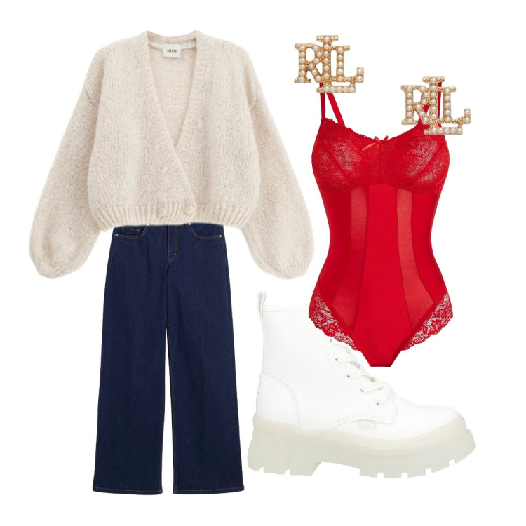 Outfit donna - San Valentino curvy mood - Focus Donna. Stile Basic per Tutti i giorni. Abbinamento con body, jeans dritti, stivaletti, cardigans, orecchini.