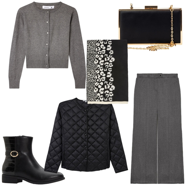 Outfit donna - San Valentino in grey look. Stile Casual chic per Serata fuori. Abbinamento con stivaletti, piumini, cardigans, pochette, pantaloni, sciarpe.