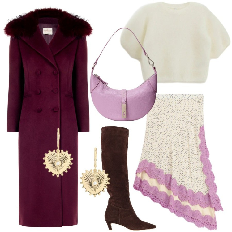 Outfit donna - Il cappotto Burgundi per San Valentino. Stile Romantica per Serata fuori. Abbinamento con stivali, t-shirt, gonne longuette, cappotti, borse a spalla, orecchini.