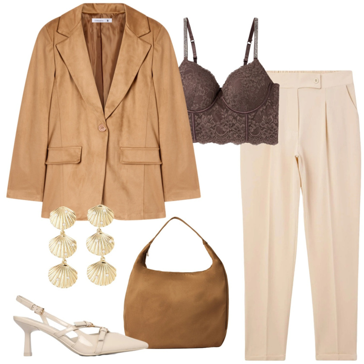Outfit donna - Sorpresa. Stile Chic per Serata fuori. Abbinamento con blazer, borse a mano, bralette, décolleté, pantaloni chino, orecchini.