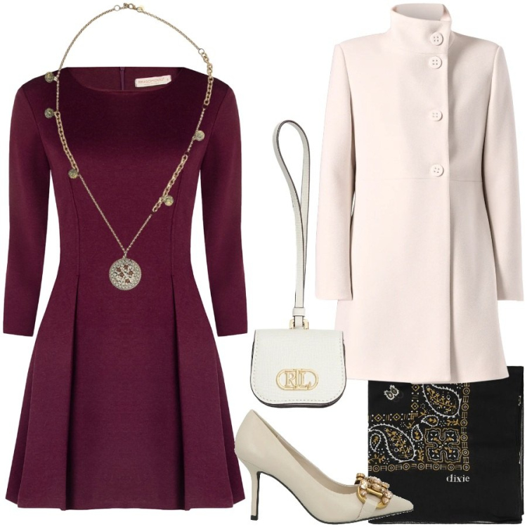 Outfit donna - Borgundy love. Stile Chic per Serata fuori. Abbinamento con décolleté, cappotti, vestiti corti, ciondoli, foulard, pochette.