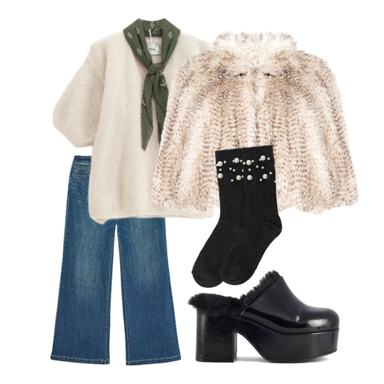 Outfit donna - Tessuti morbidi che valorizzano - Focus. Stile Boho per Serata fuori. Abbinamento con maglieria, calzini, ecopellicce, jeans dritti, sabot.