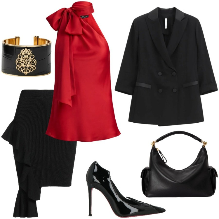 Outfit donna - Outfit per San Valentino. Stile Sexy per Serata fuori. Abbinamento con minigonne, décolleté, blazer, top, borse a spalla, braccialetti.