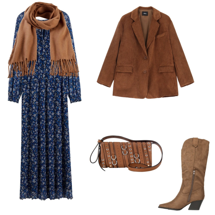 Outfit donna - Total look #2331046. Stile Etnico per Serata fuori. Abbinamento con vestiti lunghi, sciarpe, blazer, borse a spalla, stivali.