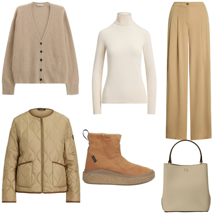 Outfit donna - Cozy style. Stile Chic per Tutti i giorni. Abbinamento con stivaletti, cardigans, pantaloni, giacche, borse a secchiello, maglieria.