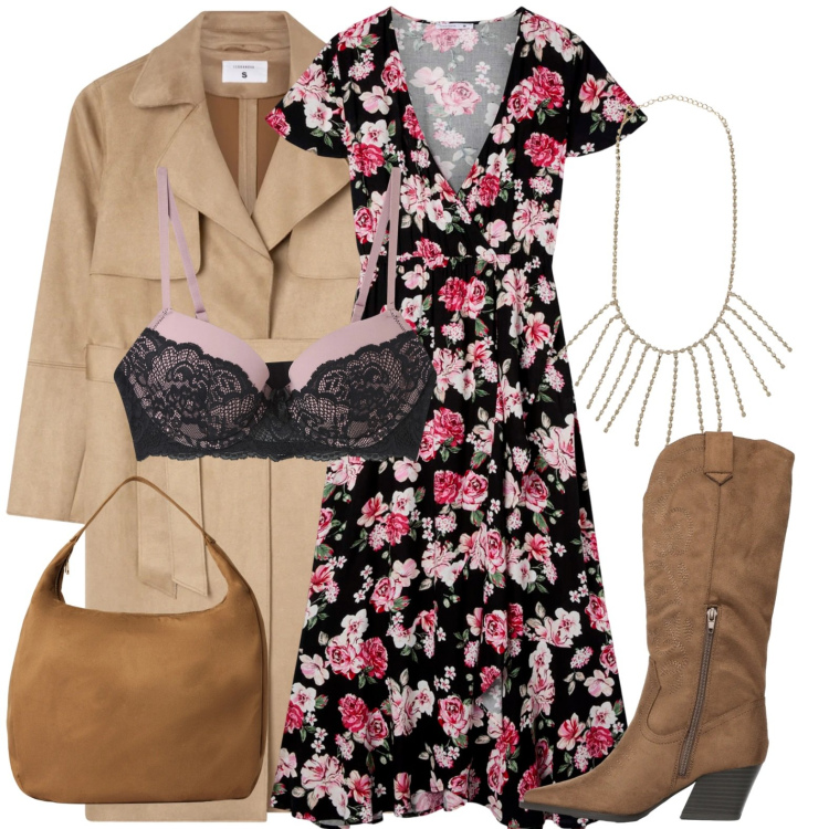 Outfit donna - Country minimal chic. Stile Casual chic per Serata fuori. Abbinamento con vestiti lunghi, reggiseni push-up, trench, stivali, collane, borse a mano.