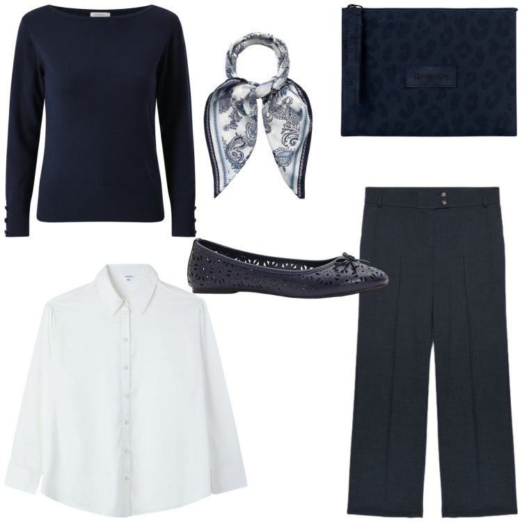 Outfit donna - Modern office outfit. Stile Chic per Ufficio. Abbinamento con ballerine, camicie, foulard, pullovers, clutch, pantaloni chino.