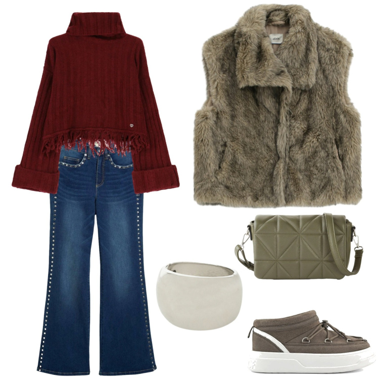 Outfit donna - Total look #2331058. Stile Urban per Tutti i giorni. Abbinamento con jeans a zampa, borse a tracolla, braccialetti, camicie, maglieria, stivaletti.