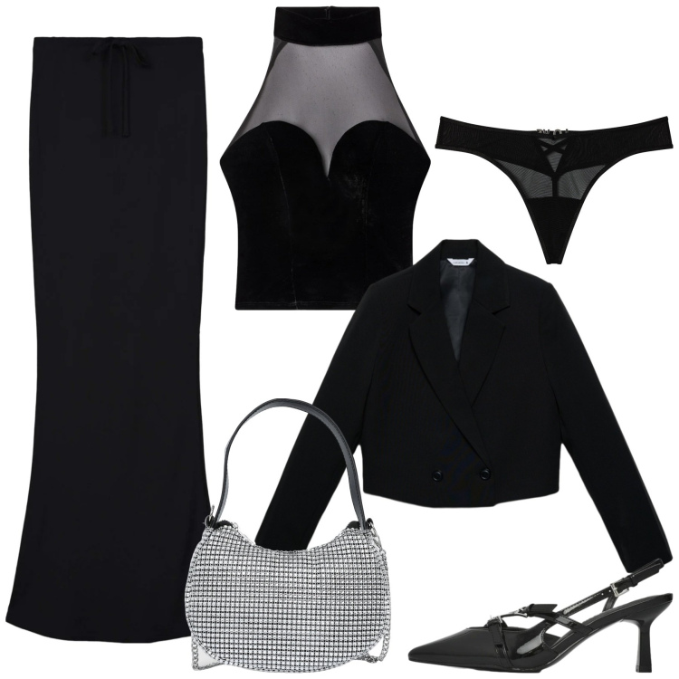 Outfit donna - Ti conquisto. Stile Sexy per Serata fuori. Abbinamento con borse a spalla, gonne lunghe, top, perizomi, décolleté, blazer.