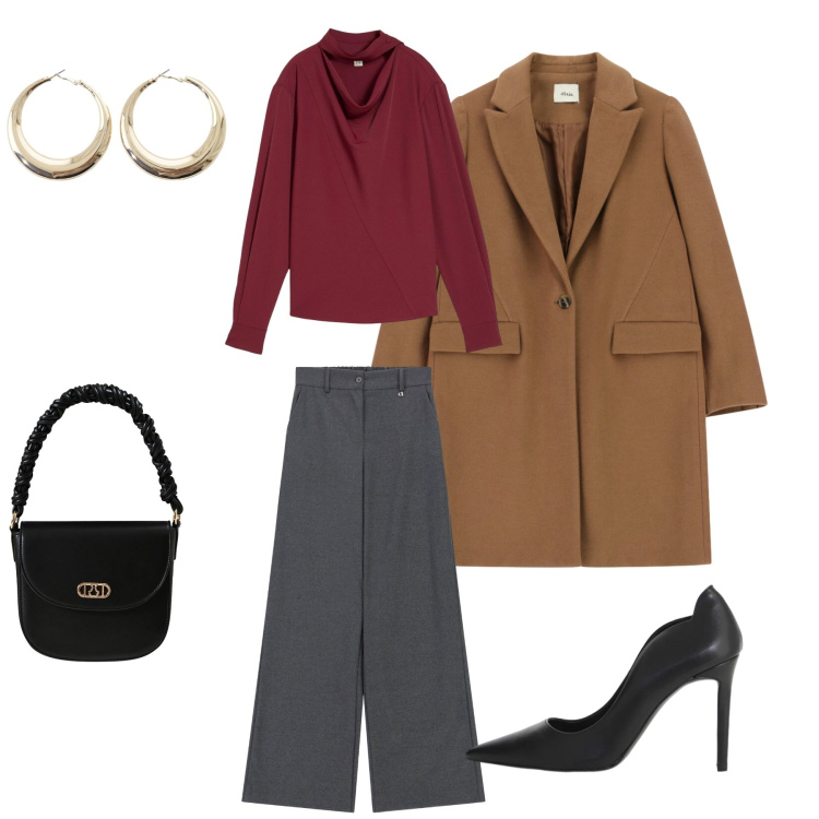Outfit donna - The Burgundy Statement. Stile Casual chic per Tutti i giorni. Abbinamento con bluse, orecchini, pantaloni a palazzo, décolleté, cappotti, borse a mano.
